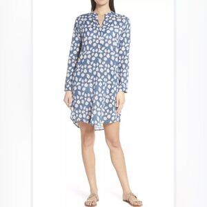 Roller Rabbit (M) Cora Mercury Blue Seashell Split Neck Long Sleeve Mini Dress